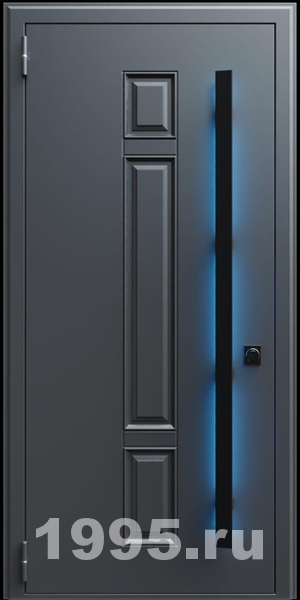 Стальная дверь с металлофиленкой, длинной ручкой с подсветкой и темно-серым порошковым окрашиванием RAL 7021 (тип №2) Стальная дверь с металлофиленкой, длинной ручкой с подсветкой и темно-серым порошковым окрашиванием RAL 7021 (тип №2)
