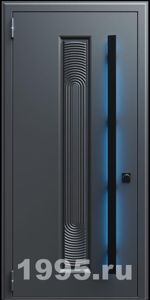 Стальная дверь с металлофиленкой, длинной ручкой с подсветкой и темно-серым порошковым окрашиванием RAL 7021 (тип №6) Стальная дверь с металлофиленкой, длинной ручкой с подсветкой и темно-серым порошковым окрашиванием RAL 7021 (тип №6)