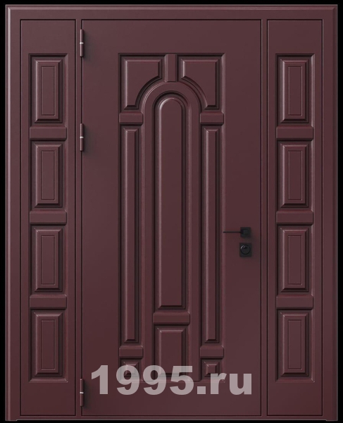 Стальная трехконтурная дверь с металлофиленкой, вставками по бокам и порошковым напылением RAL 3007 (тип №2) Стальная трехконтурная дверь с металлофиленкой, вставками по бокам и порошковым напылением RAL 3007 (тип №2)