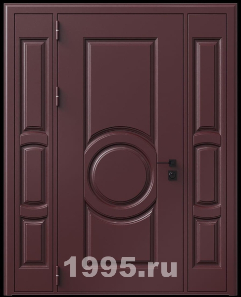 Стальная трехконтурная дверь с металлофиленкой, вставками по бокам и порошковым напылением RAL 3007 (тип №5) Стальная трехконтурная дверь с металлофиленкой, вставками по бокам и порошковым напылением RAL 3007 (тип №5)