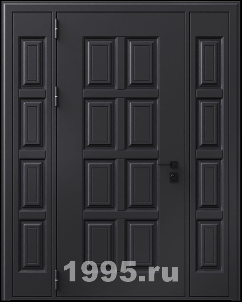 Стальная дверь с металлофиленкой, вставками по бокам и порошковым окрашиванием RAL 9004 (тип №1) Стальная дверь с металлофиленкой, вставками по бокам и порошковым окрашиванием RAL 9004 (тип №1)