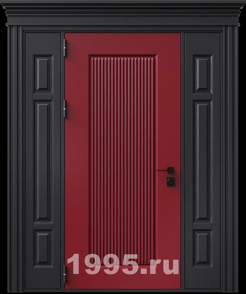 Стальная термодверь с металлофиленкой, вставками по бокам, карнизом и двухцветным порошковым окрашиванием RAL 3004 и RAL 9004 (тип №2) Стальная термодверь с металлофиленкой, вставками по бокам, карнизом и двухцветным порошковым окрашиванием RAL 3004 и RAL 9004 (тип №2)