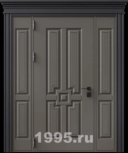 Стальная дверь с металлофиленкой, вставками по бокам, карнизом и порошковым покрытием RAL 7022 (тип №4) Стальная дверь с металлофиленкой, вставками по бокам, карнизом и порошковым покрытием RAL 7022 (тип №4)